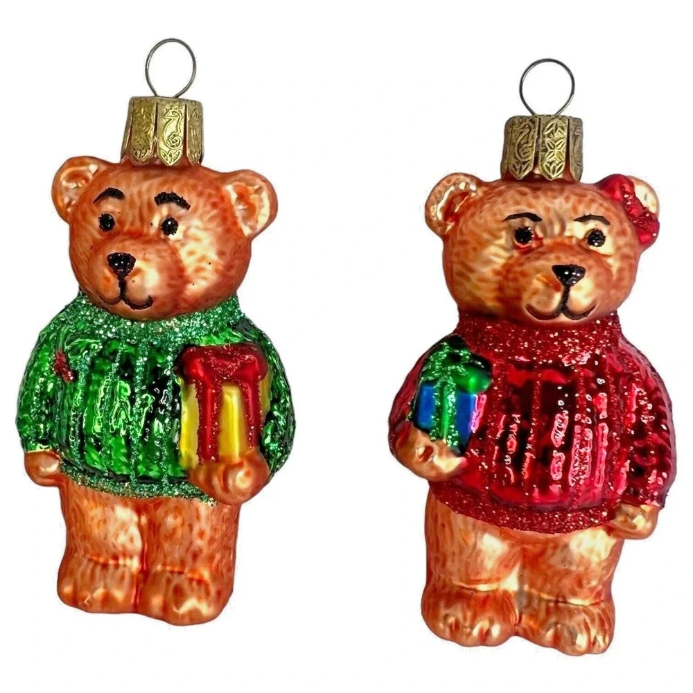 3 Waterford Christmas Teddy Bear Ornament Hand Painted Glass‎ Holiday Heirloom